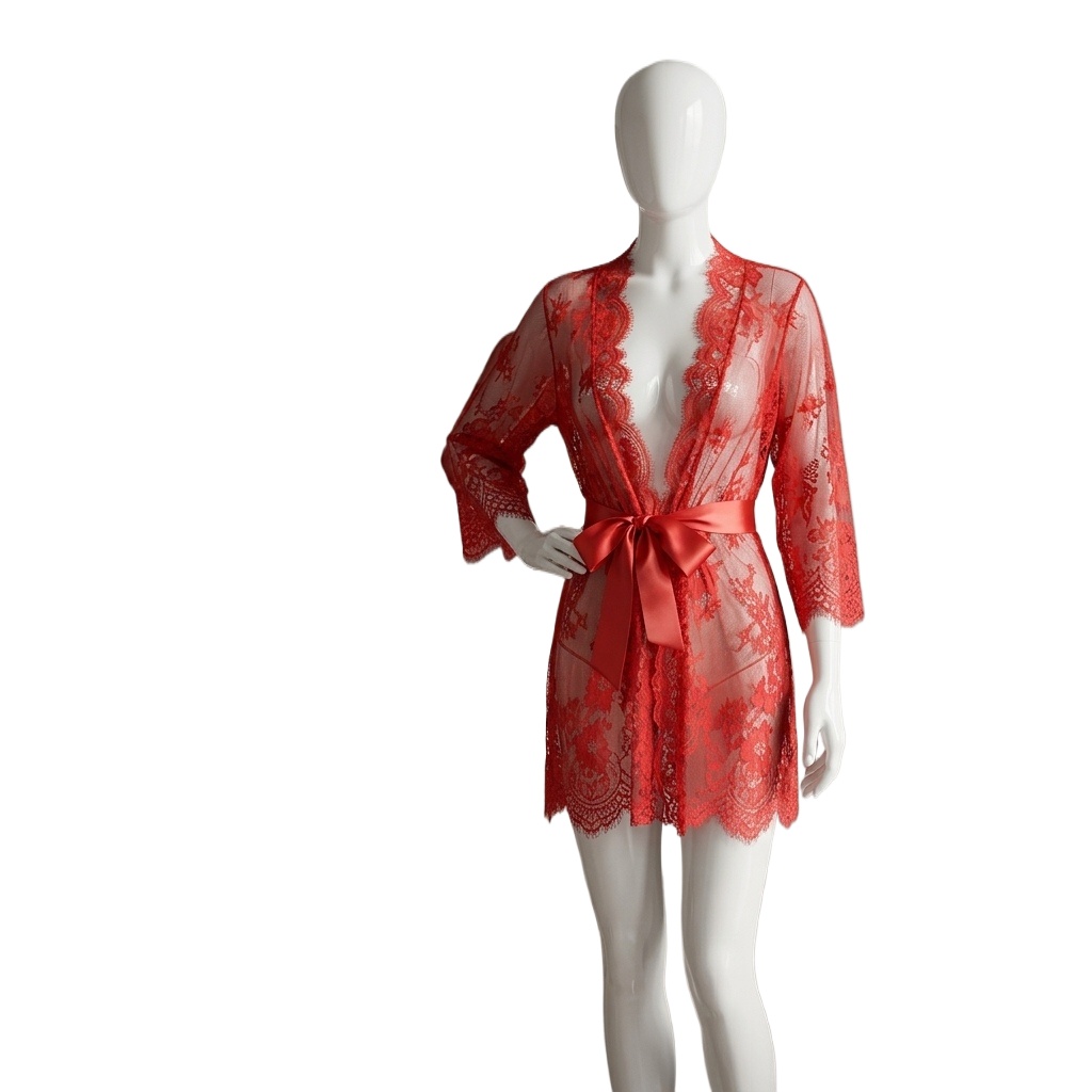 Kimono Sheer Floral - Damen-Transparenter Blumen-Spitzen-Lingerie-Robe mit Wellenkante, Netz-Nachthemd mit