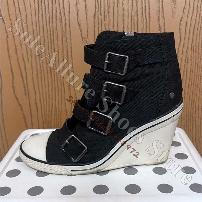 Wedge Espadrille Women - Graue High-Top-Keilabsatz-Sneaker mit mehreren Schnallen, Vintage-Zehenkappe,
